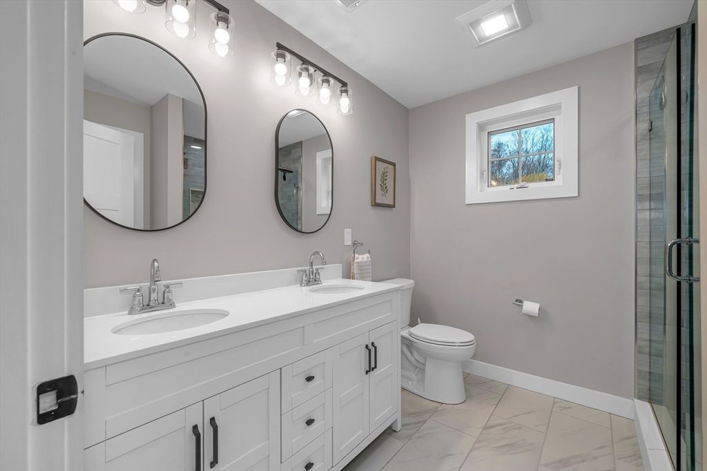 Bathroom, Dual Sink Vanities, Glass Shower, Interior, Marble