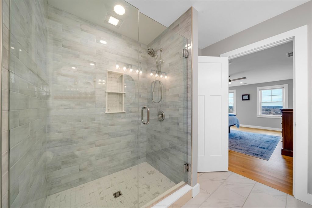 Bathroom, Glass Shower, Interior, Marble, Recessed Lighting, Wood Texture Flooring