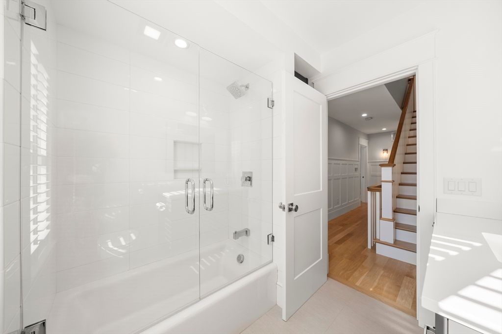 Bathroom, Glass Shower, Interior, Recessed Lighting, Wood Texture Flooring