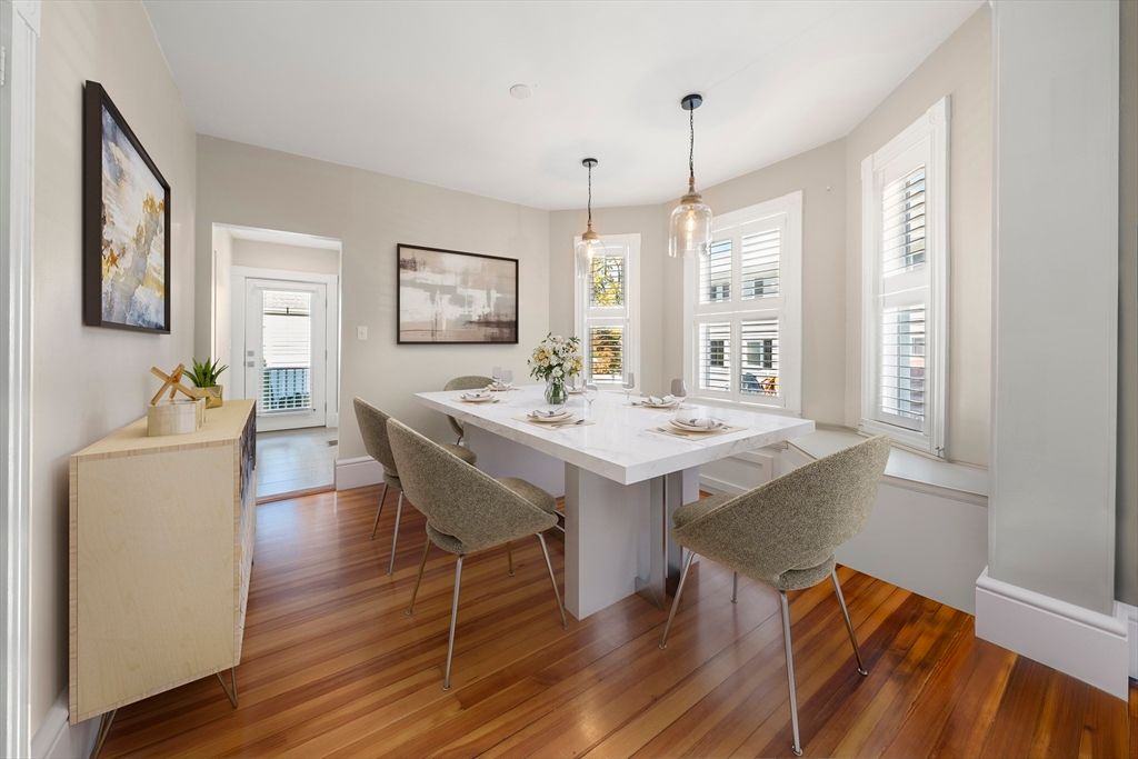 Dining room, Interior, Pendant Lights, Wood Texture Flooring