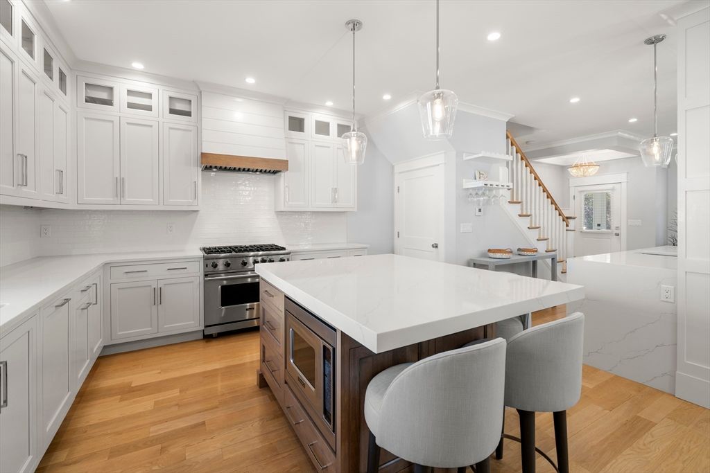 Interior, Kitchen, Pendant Lights, Recessed Lighting, Stainless Steel Appliances, Wood Texture Flooring