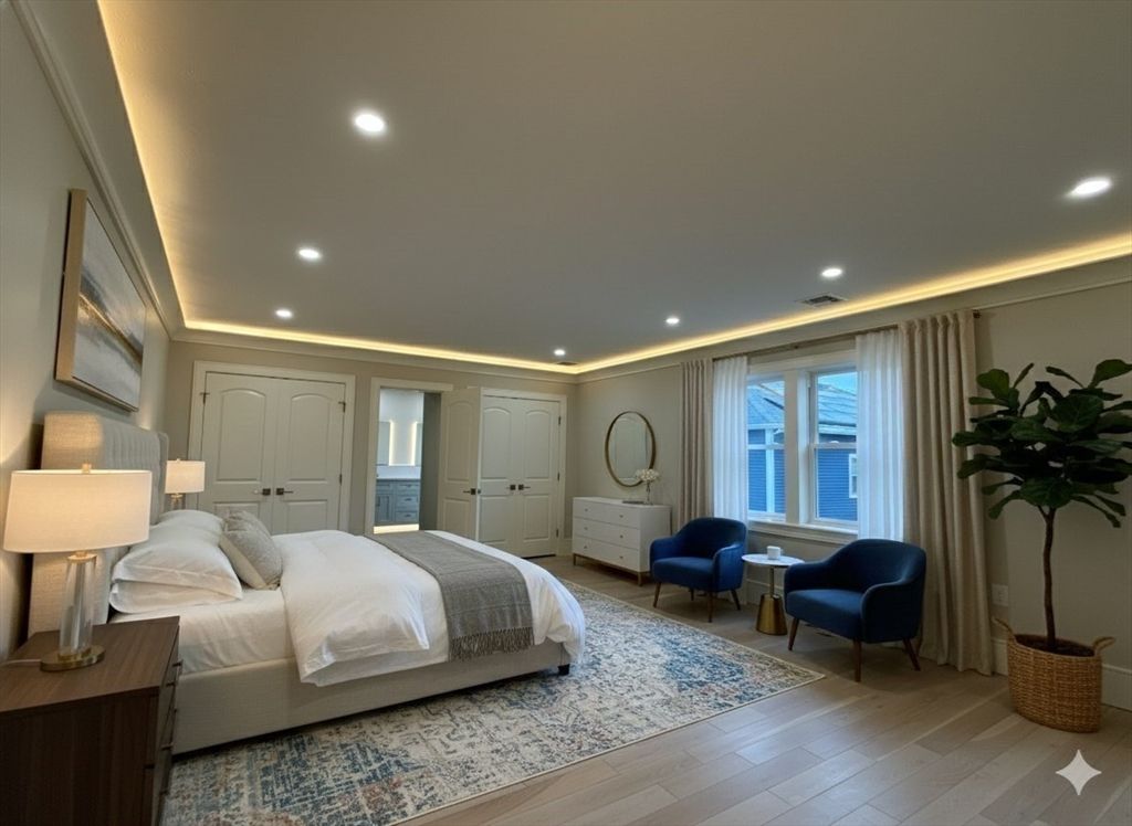 Bedroom, Interior, Recessed Lighting, Wood Texture Flooring