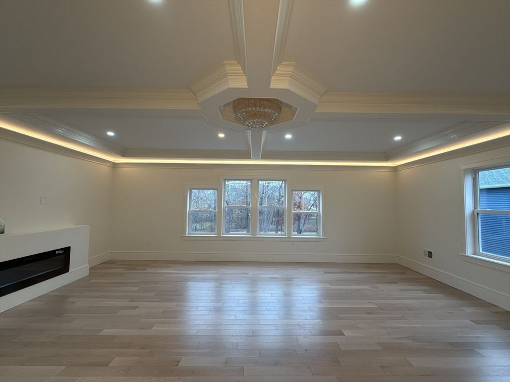 Empty room, Fireplace, Interior, Recessed Lighting, Wood Texture Flooring