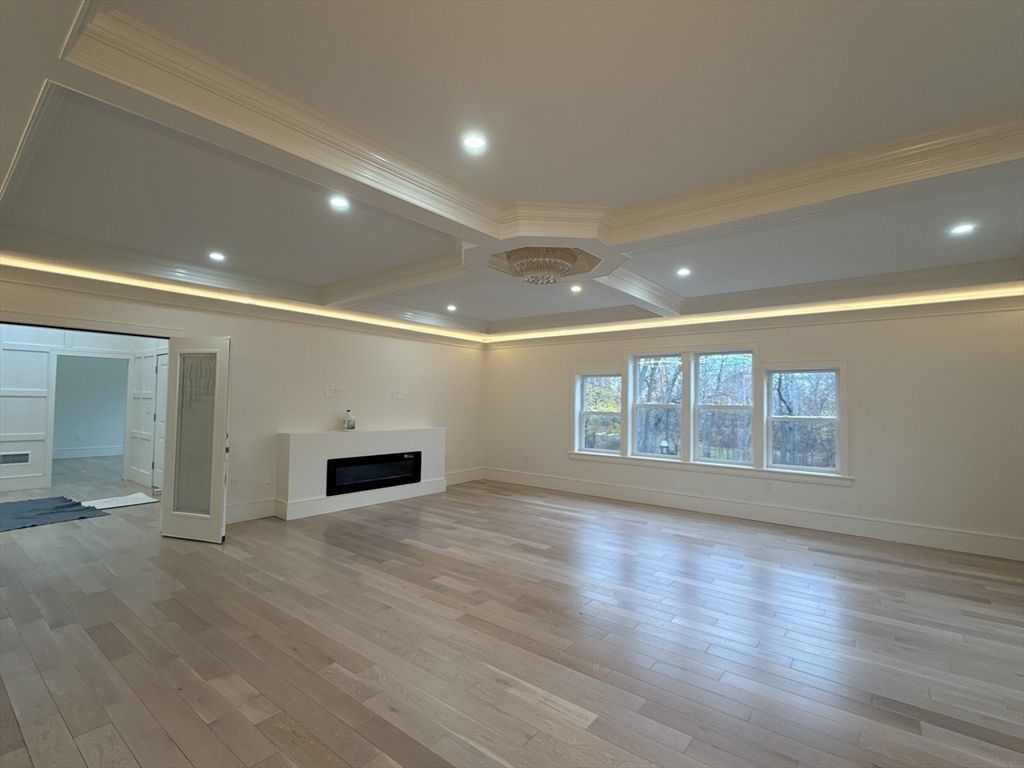 Empty room, Fireplace, Interior, Recessed Lighting, Wood Texture Flooring