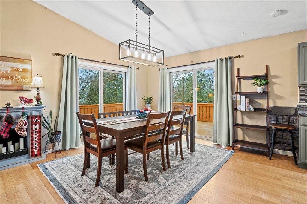 Dining room, Interior, Pendant Lights, Wood Texture Flooring