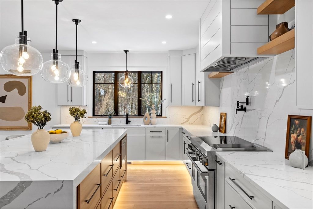 Interior, Kitchen, Marble Walls, Pendant Lights, Recessed Lighting, Wood Texture Flooring