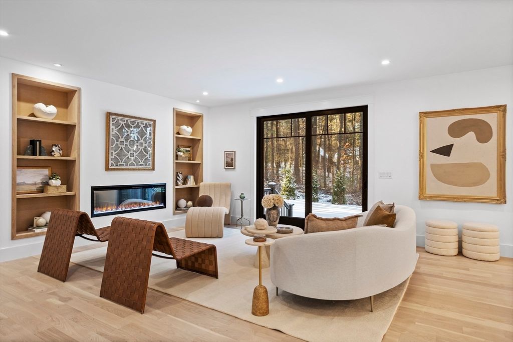 Fireplace, Interior, Living room, Recessed Lighting, Wood Texture Flooring