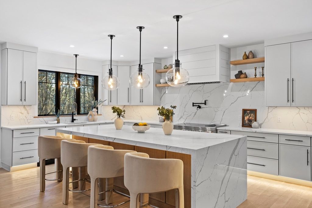 Interior, Kitchen, Marble Walls, Pendant Lights, Recessed Lighting, Wood Texture Flooring