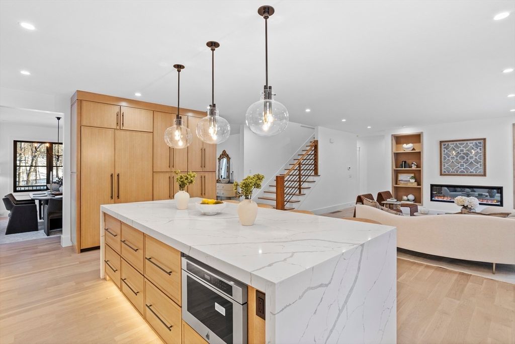 Dining room, Fireplace, Interior, Kitchen, Living room, Pendant Lights, Recessed Lighting, Wood Texture Flooring