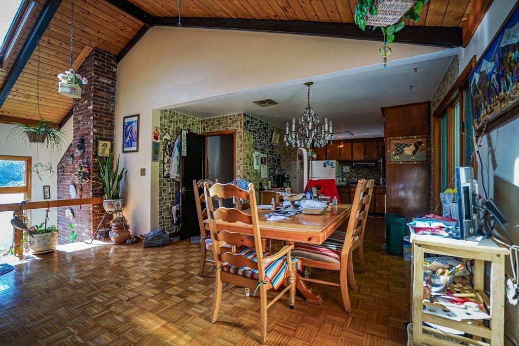 Chandelier, Dining room, Interior, Kitchen, Wooden Ceilings, Wood Texture Flooring