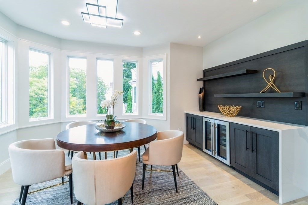 Dining room, Interior, Pendant Lights, Recessed Lighting, Wood Texture Flooring