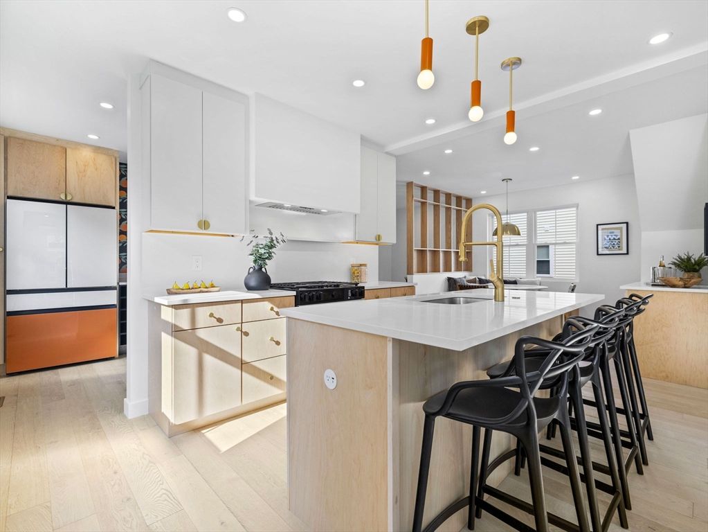 Interior, Kitchen, Pendant Lights, Recessed Lighting, Wood Texture Flooring