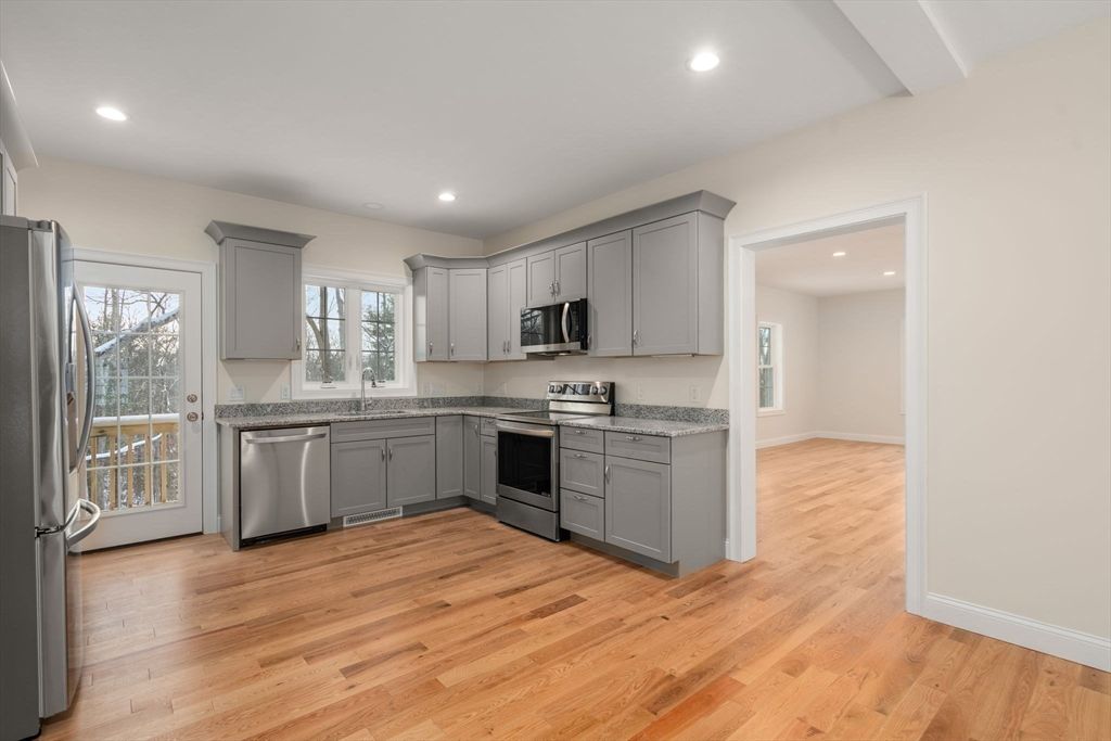 Interior, Kitchen, Recessed Lighting, Stainless Steel Appliances, Wood Texture Flooring