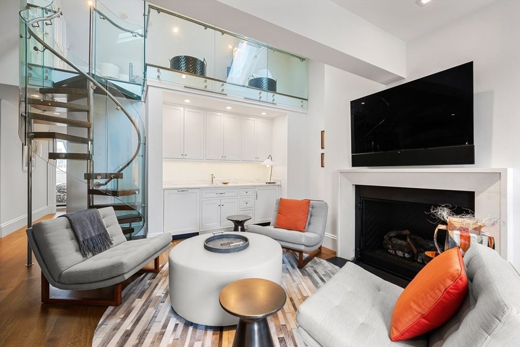 Fireplace, Interior, Living room, Recessed Lighting, Wood Texture Flooring