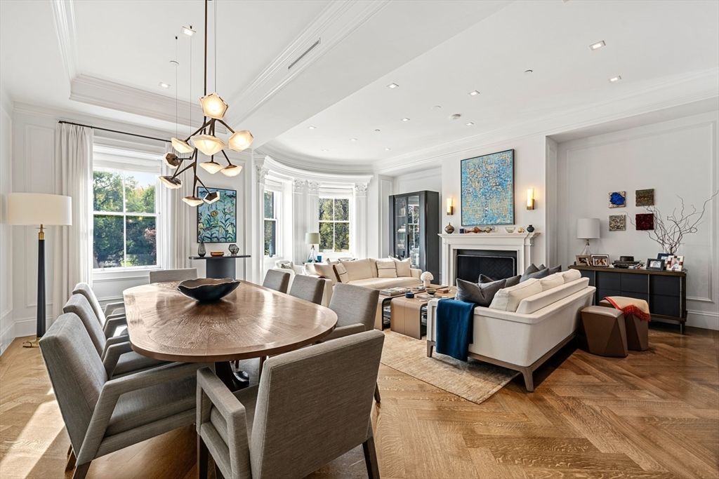 Dining room, Fireplace, Interior, Living room, Pendant Lights, Recessed Lighting, Wood Texture Flooring