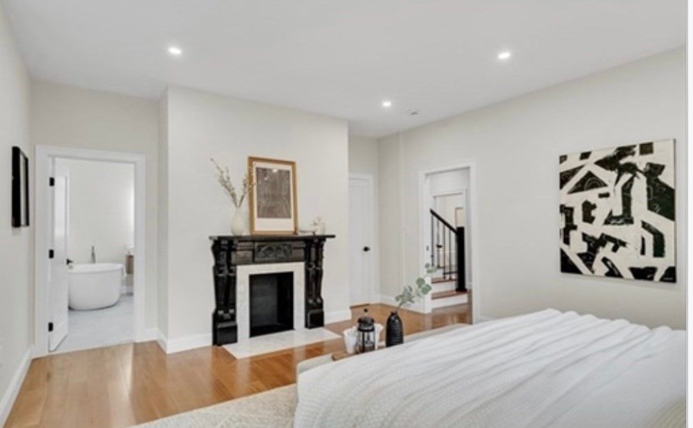 Bathroom, Bedroom, Fireplace, Interior, Recessed Lighting, Wood Texture Flooring