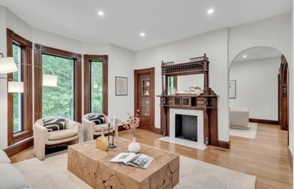 Fireplace, Interior, Living room, Recessed Lighting, Wood Texture Flooring