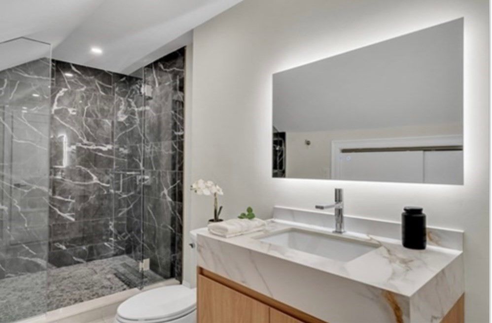 Bathroom, Glass Shower, Interior, Marble Walls, Recessed Lighting