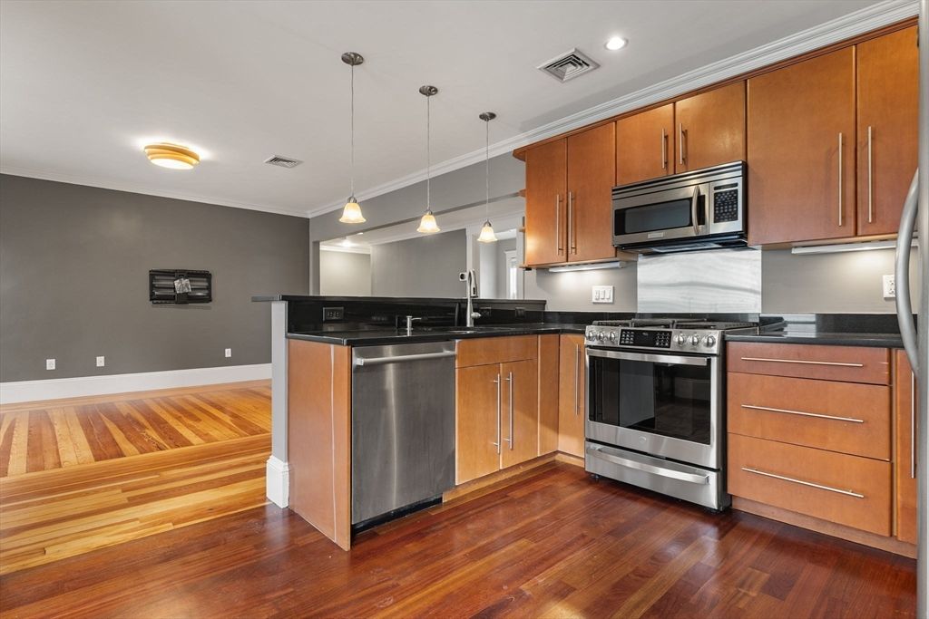 Interior, Kitchen, Pendant Lights, Recessed Lighting, Stainless Steel Appliances, Wood Texture Flooring
