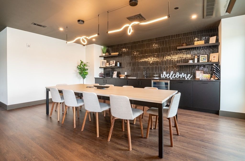 Dining room, Interior, Pendant Lights, Recessed Lighting, Wood Texture Flooring