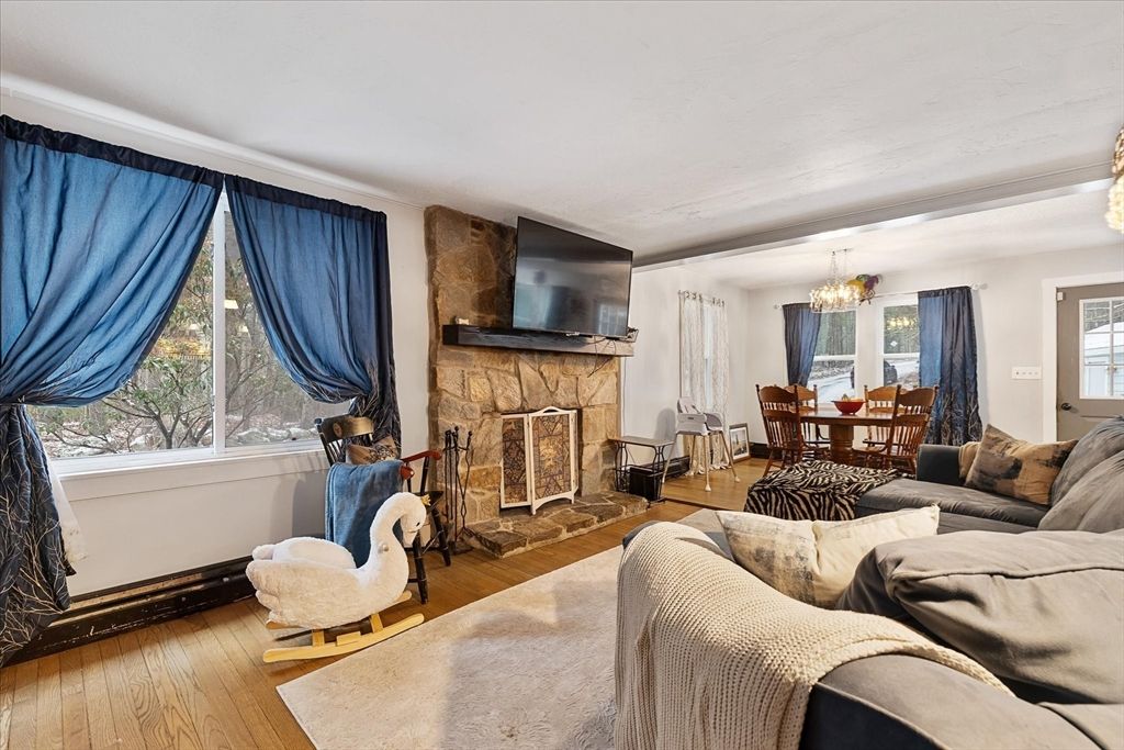 Chandelier, Dining room, Fireplace, Interior, Living room, Wood Texture Flooring