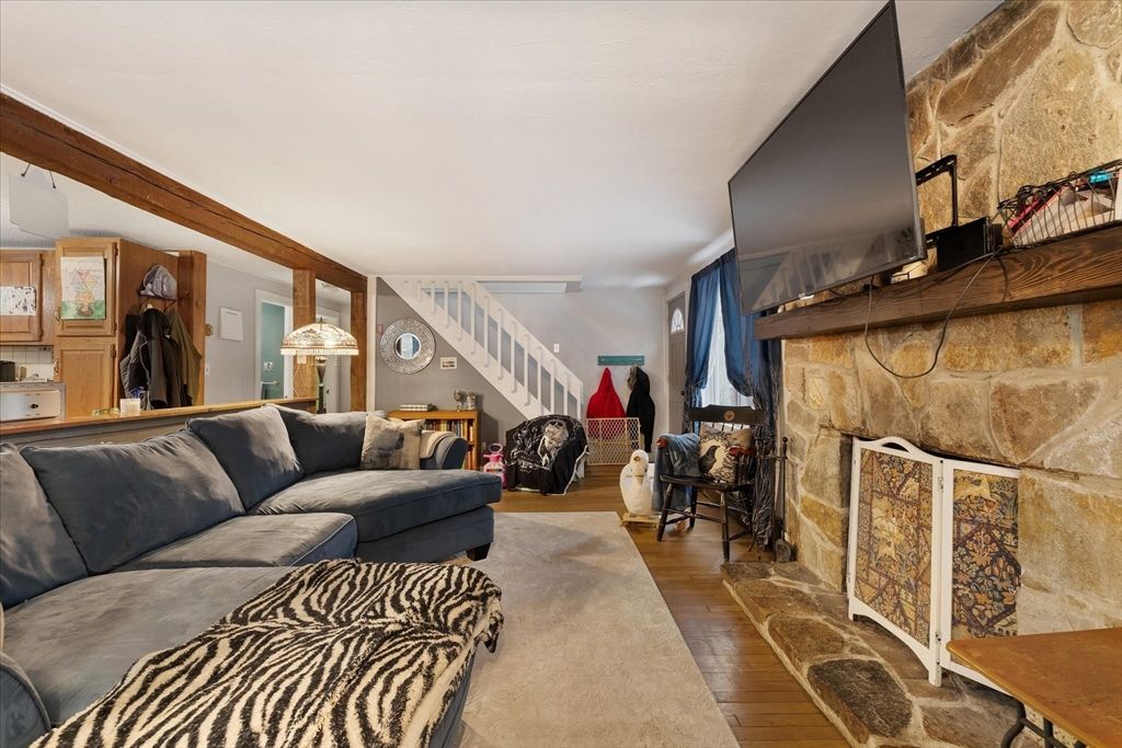 Fireplace, Interior, Living room, Stone Walls, Wood Texture Flooring