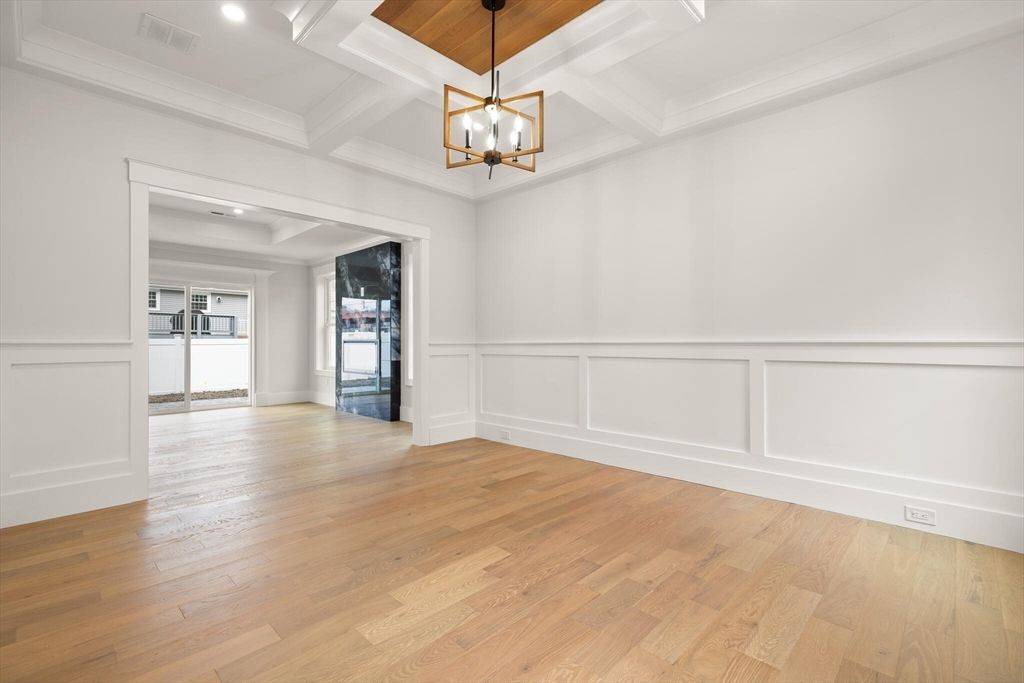 Empty room, Interior, Pendant Lights, Recessed Lighting, Wood Texture Flooring