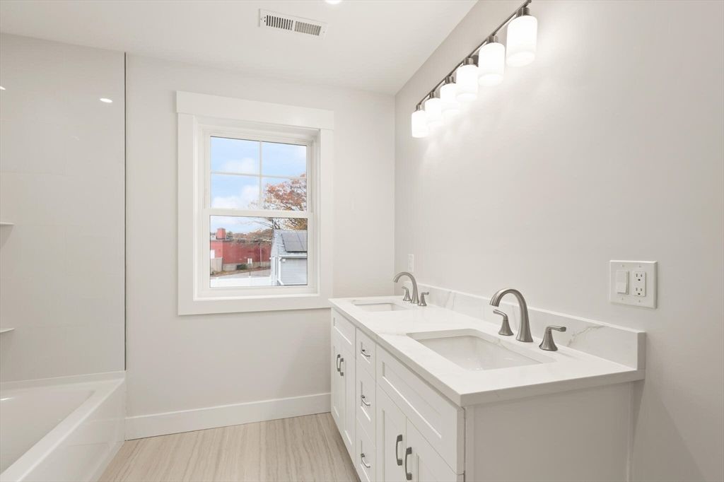 Bathroom, Dual Sink Vanities, Interior, Recessed Lighting, Wood Texture Flooring