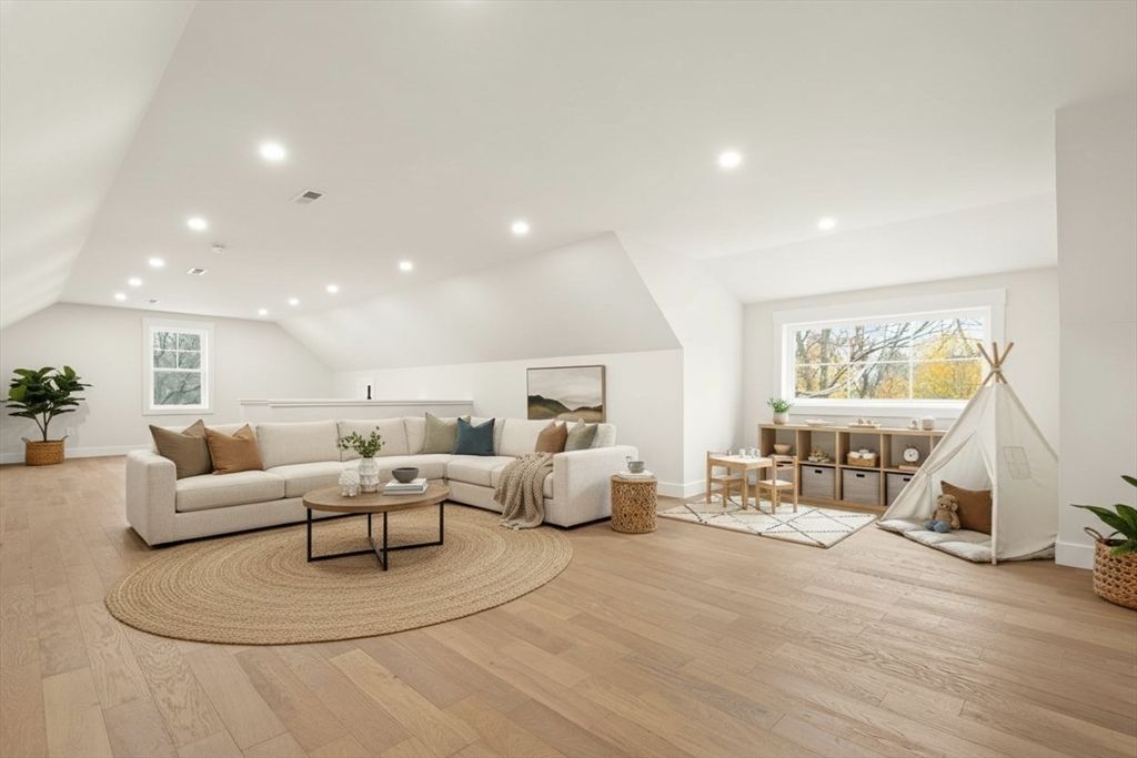 Dining room, Interior, Living room, Recessed Lighting, Wood Texture Flooring