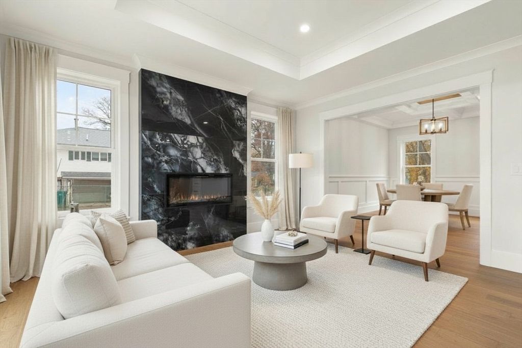 Dining room, Fireplace, Interior, Living room, Pendant Lights, Recessed Lighting, Wood Texture Flooring