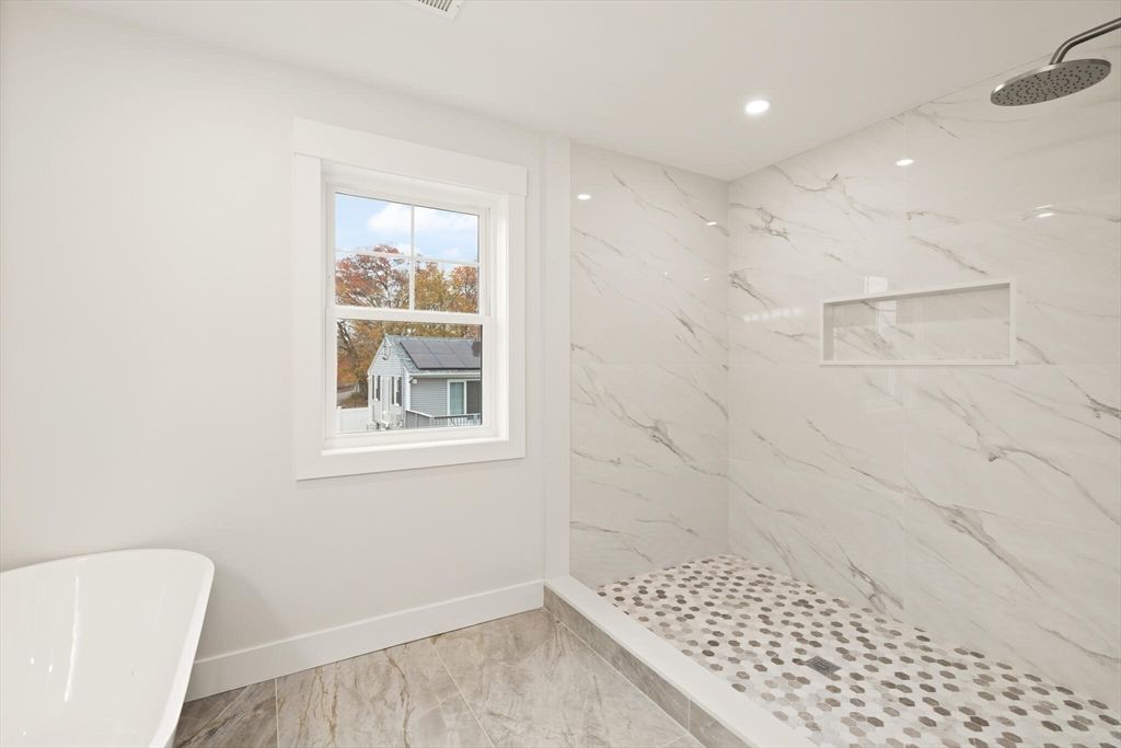 Bathroom, Free Standing Baths, Interior, Marble Walls, Recessed Lighting