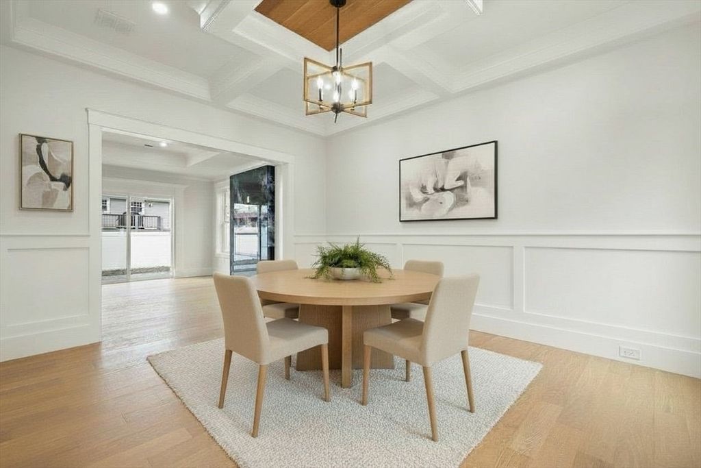 Dining room, Interior, Pendant Lights, Recessed Lighting, Wood Texture Flooring