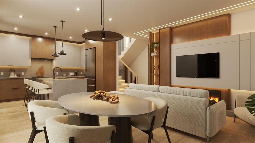 Dining room, Fireplace, Interior, Kitchen, Living room, Pendant Lights, Recessed Lighting, Wood Texture Flooring