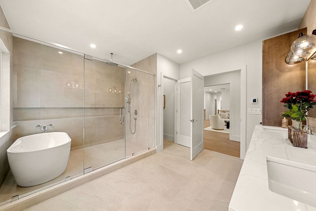 Bathroom, Free Standing Baths, Glass Shower, Interior, Recessed Lighting