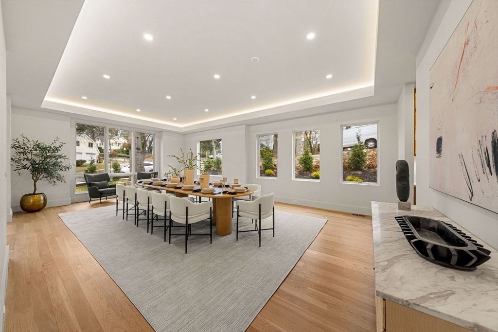 Dining room, Interior, Recessed Lighting, Wood Texture Flooring