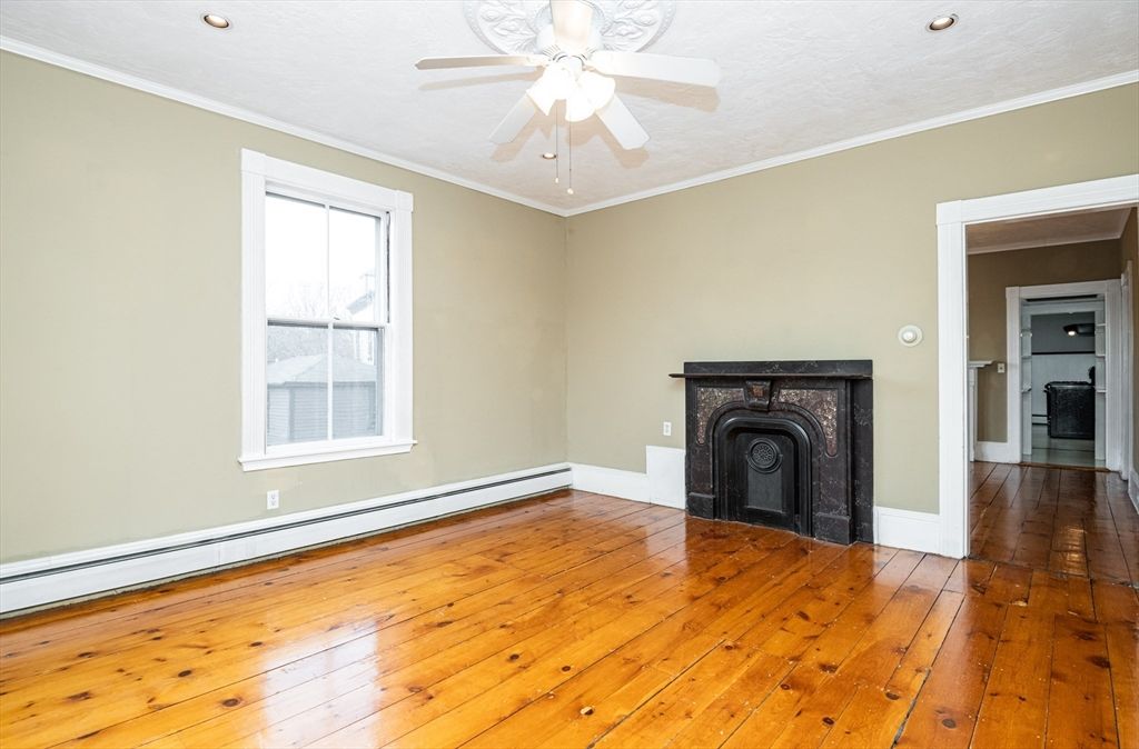 Empty room, Fireplace, Interior, Recessed Lighting, Wood Texture Flooring
