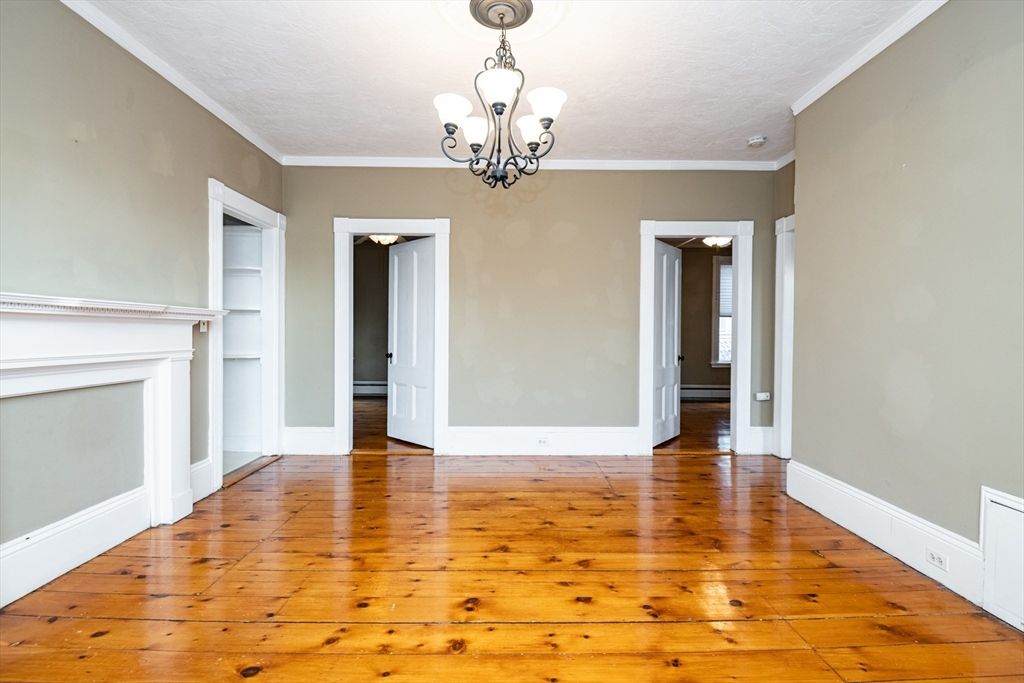 Chandelier, Empty room, Fireplace, Interior, Wood Texture Flooring