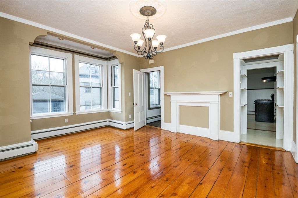 Chandelier, Empty room, Fireplace, Interior, Wood Texture Flooring