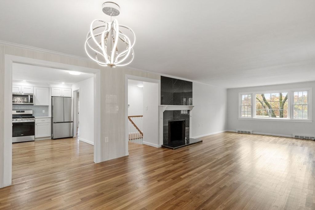 Empty room, Fireplace, Interior, Kitchen, Pendant Lights, Stainless Steel Appliances, Wood Texture Flooring