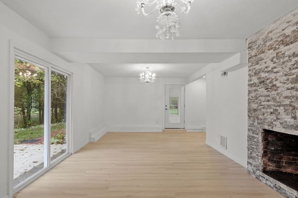 Chandelier, Empty room, Fireplace, Interior, Wood Texture Flooring