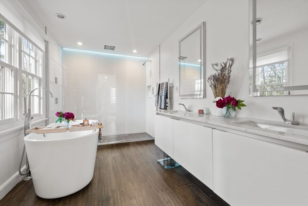 Bathroom, Dual Sink Vanities, Free Standing Baths, Glass Shower, Interior, Recessed Lighting, Wood Texture Flooring