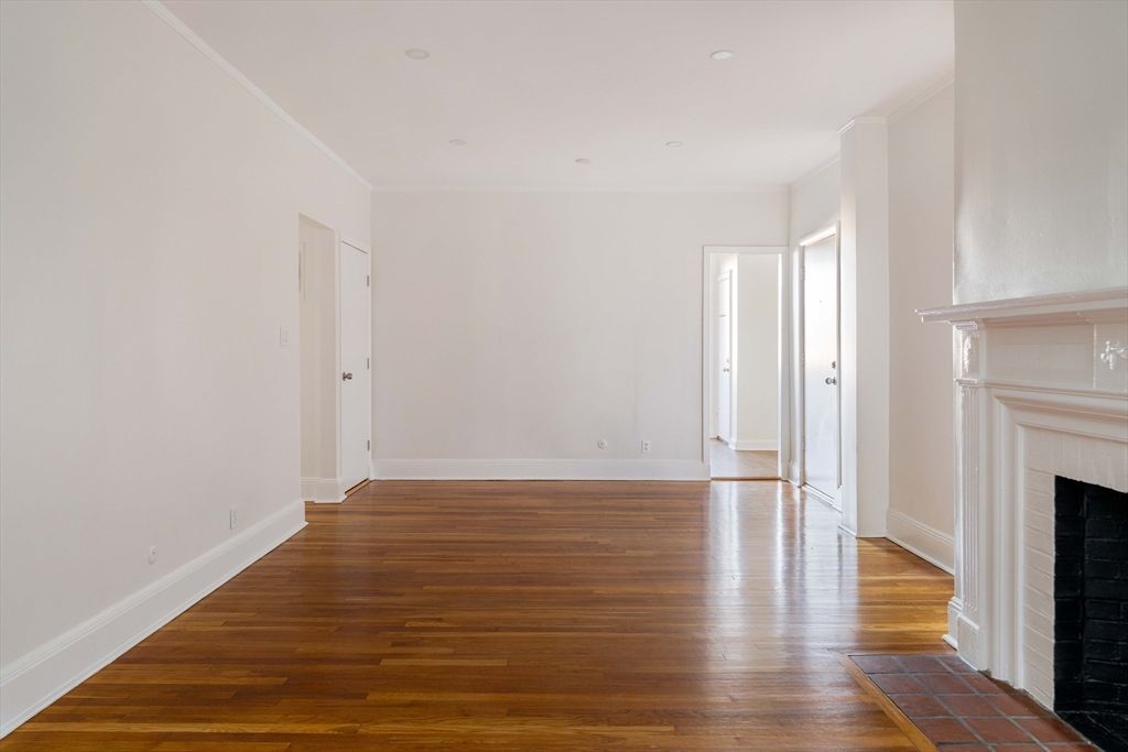 Empty room, Fireplace, Interior, Recessed Lighting, Wood Texture Flooring