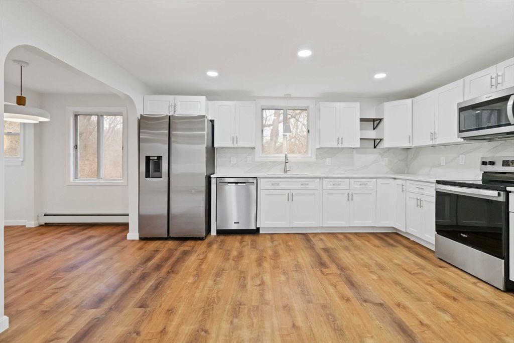 Interior, Kitchen, Pendant Lights, Recessed Lighting, Stainless Steel Appliances, Wood Texture Flooring