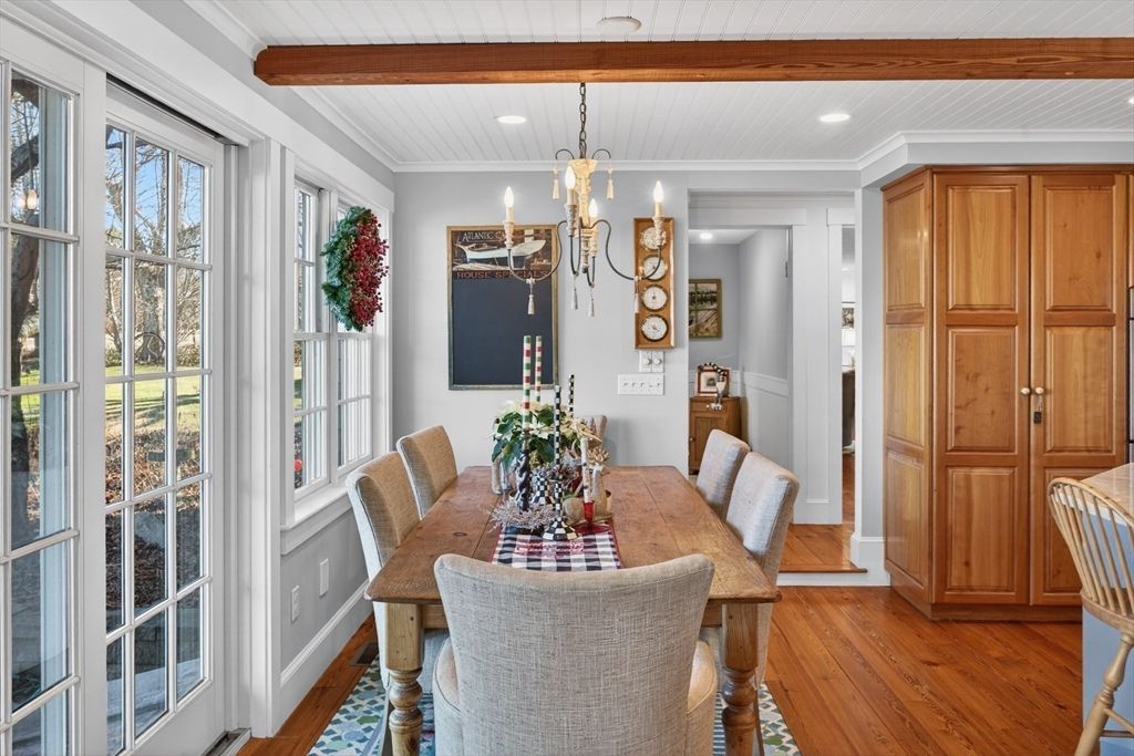 Chandelier, Dining room, Interior, Recessed Lighting, Wooden Beams, Wood Texture Flooring