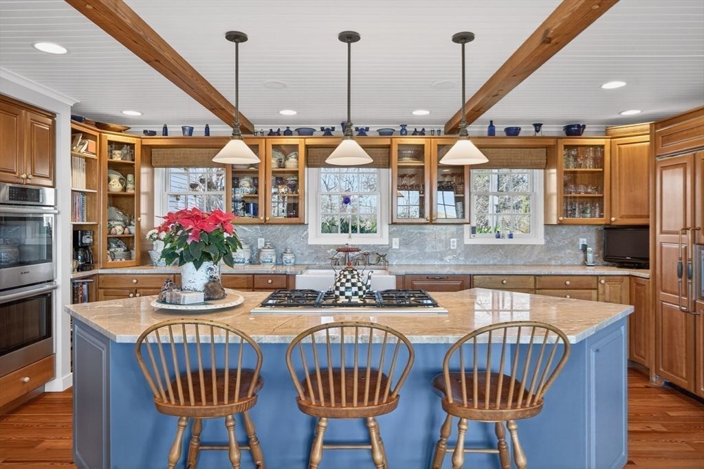 Interior, Kitchen, Pendant Lights, Recessed Lighting, Stainless Steel Appliances, Wooden Beams, Wood Texture Flooring