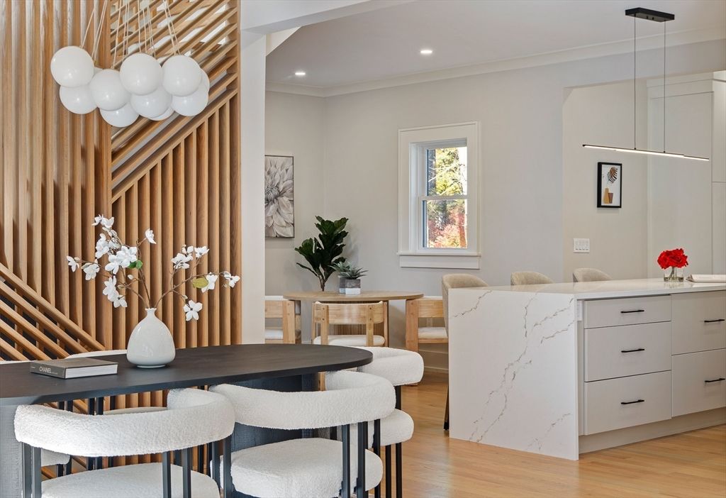 Dining room, Interior, Pendant Lights, Recessed Lighting, Wood Texture Flooring