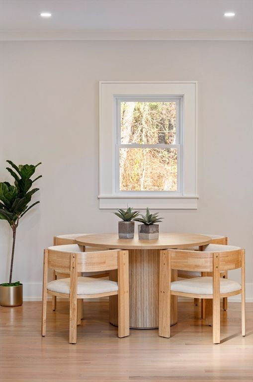 Dining room, Interior, Recessed Lighting, Wood Texture Flooring