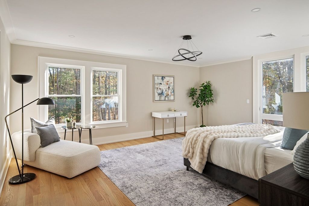 Bedroom, Interior, Pendant Lights, Recessed Lighting, Wood Texture Flooring