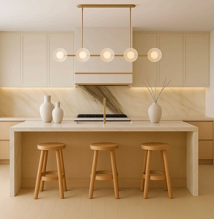 Interior, Kitchen, Marble Walls, Pendant Lights