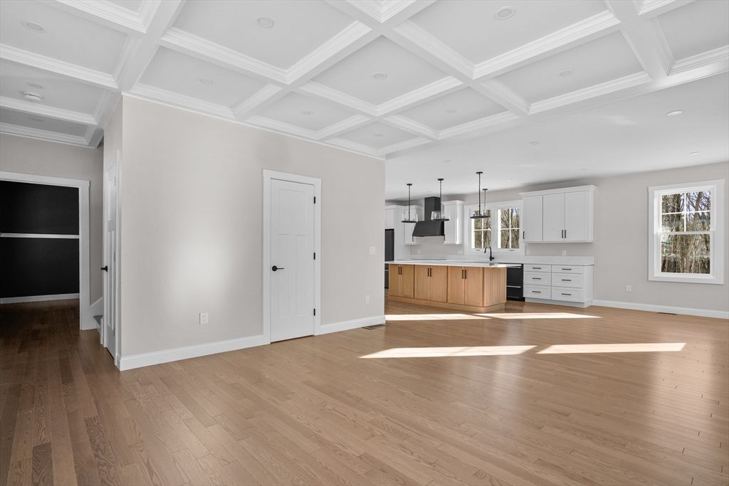 Empty room, Interior, Kitchen, Pendant Lights, Recessed Lighting, Wood Texture Flooring